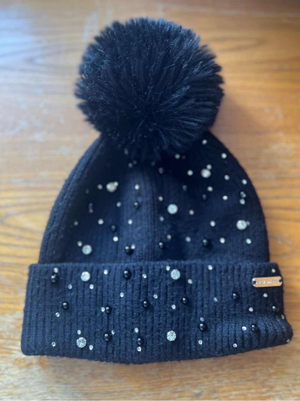 Steve Madden Girl’s Pom Beanie with Rhinestone Accents